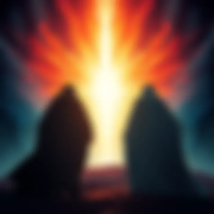 Illustration of two figures standing together with a backdrop of heavenly light, representing the Two Witnesses from scripture.