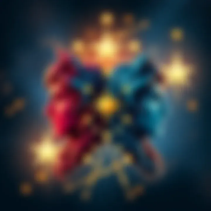 Two Zodiac Signs Representation Artistic representation of two zodiac signs intertwined with stars and astrological symbols