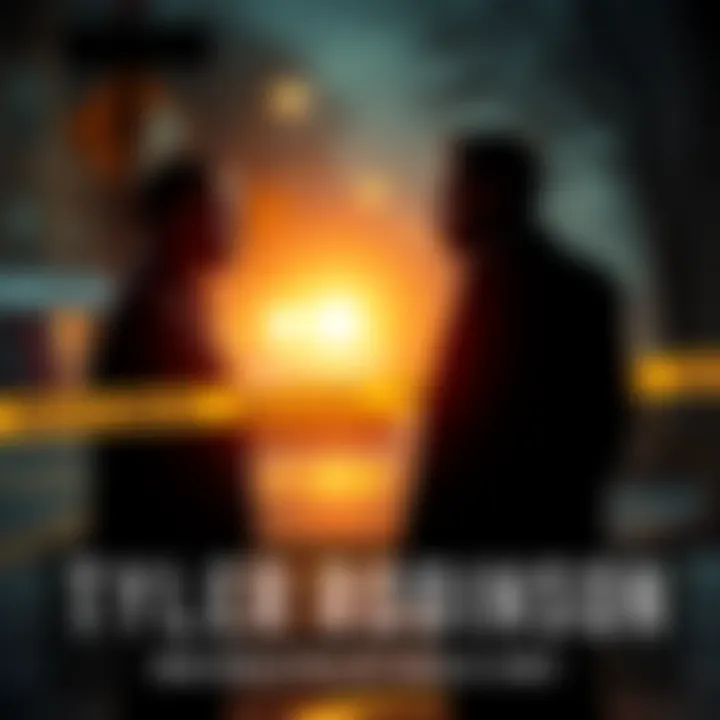 A silhouette of a man standing near a crime scene with police tape in the background.