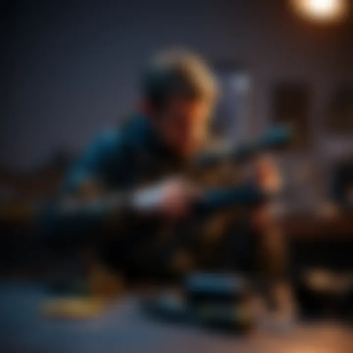 Tyler Robinson with a disassembled rifle Tyler Robinson examining parts of a .30-06 rifle in a dimly lit room