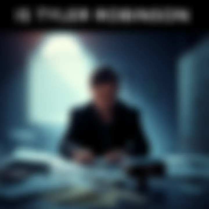 A person sitting in a dimly lit room looking worried, surrounded by papers and evidence related to a case.