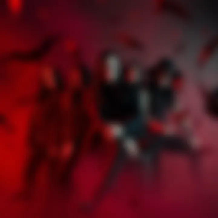 A dark and moody image featuring the band Type O Negative posing with gothic elements, reminiscent of vampires, surrounded by a red and black color scheme.