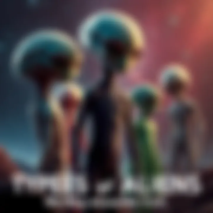 A visualization of various imagined alien beings, showing friendly figures alongside more mysterious entities against a starry background.