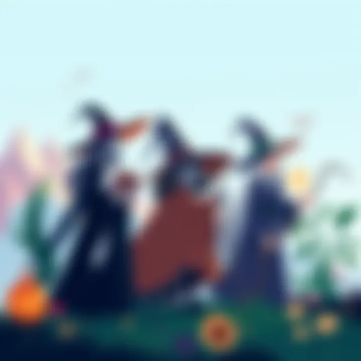 An illustration showing various types of witches including a science witch with a lab, a literary witch surrounded by books, and a hedge witch in a garden setting