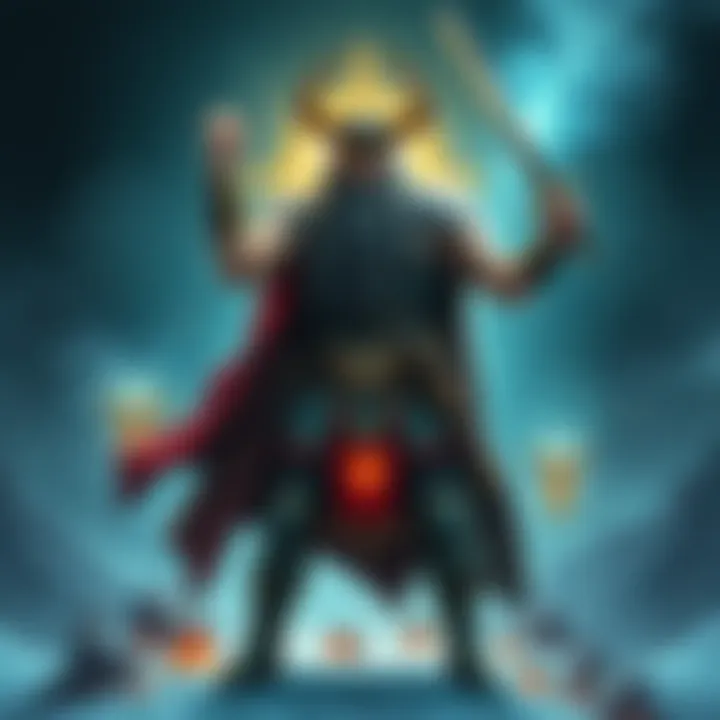 A representation of Tyr, the Norse god, standing strong with a sword, surrounded by symbols of Odin and frost giant origins.
