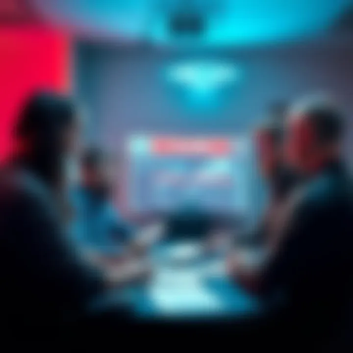 A group of people discussing UAP Gerb's claims about unidentified aerial phenomena, with documents and a projector in the background.