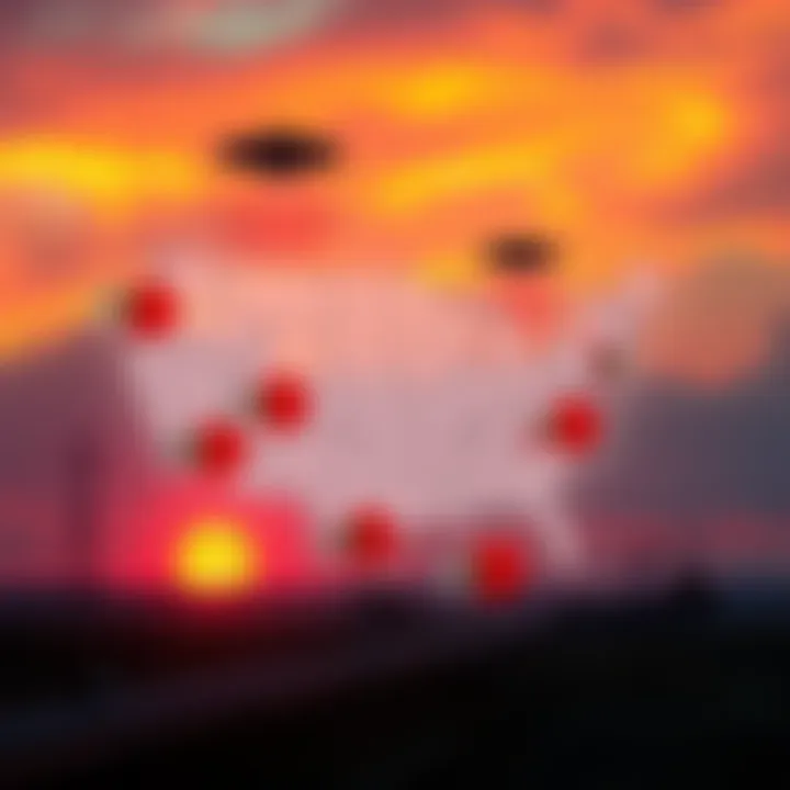 A map showing clusters of UAP sightings around various nuclear facilities, highlighting areas of high incident reports in red.