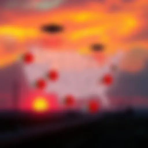 UAP Sightings Near Nuclear Facility A map showing clusters of UAP sightings around various nuclear facilities, highlighting areas of high incident reports in red.