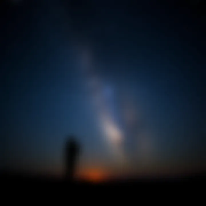 A captivating night sky filled with stars and a silhouette of a figure using a device to communicate with possible interdimensional beings.