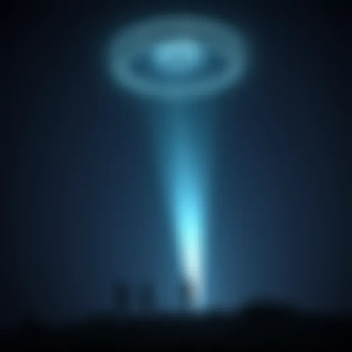 UAP Emitting Light in Night Sky An unidentified aerial phenomenon shines a beam of light down to the ground during the night, drawing attention from onlookers below.