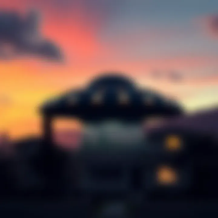 A disc-shaped UAP with a dome and square windows hovering above a California home, with silhouettes inside.