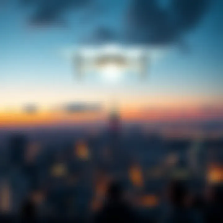A bright unidentified aerial phenomenon hovering over a city skyline at dusk, with people looking up in awe.