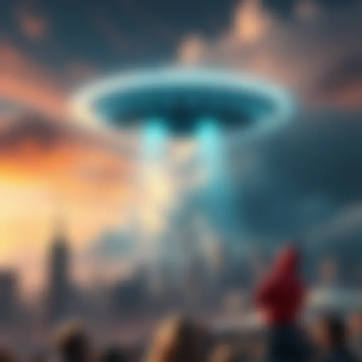 An unidentified aerial phenomenon hovering above a city skyline, with clouds in the background and a worried crowd looking up.