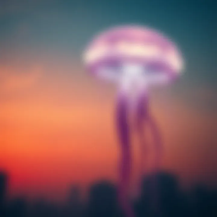 A glowing unidentified aerial phenomenon shaped like a jellyfish floating in the sky, with tentacle-like tendrils extending down