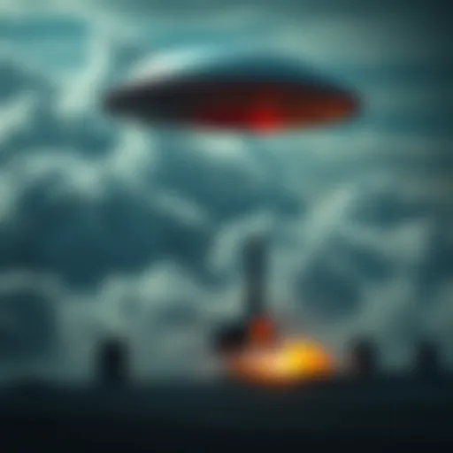 An Unidentified Aerial Phenomenon hovering over a military missile launch site, with clouds in the background and a hint of a glowing light underneath.