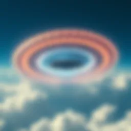 UAP in Earth's Atmosphere A visual of an unidentified aerial phenomenon hovering in the blue sky, surrounded by clouds, representing advanced technology close to Earth.