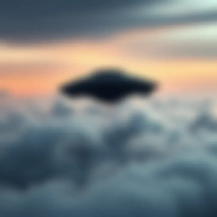 A dark, unidentified aerial object hovering above a nuclear facility in North Korea or Iran, with clouds in the background.
