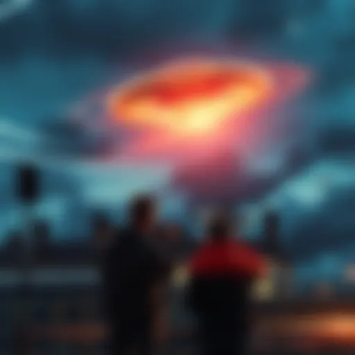 A spinning object in the sky above Peckham, London, as reported by a witness. The scene captures the moment of the sighting, with people watching and filming.