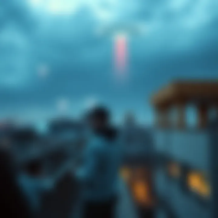 UAP Sighting Over Tashkent A view of unusual aerial phenomena spotted over Tashkent, with people observing from balconies and public areas, including a kindergarten.