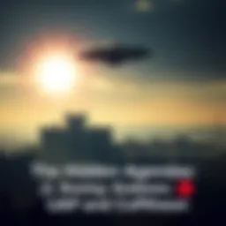 Aerial view of a mysterious object in the sky over a military facility, with silhouettes of Boeing, Lockheed, and Raytheon logos in the foreground.