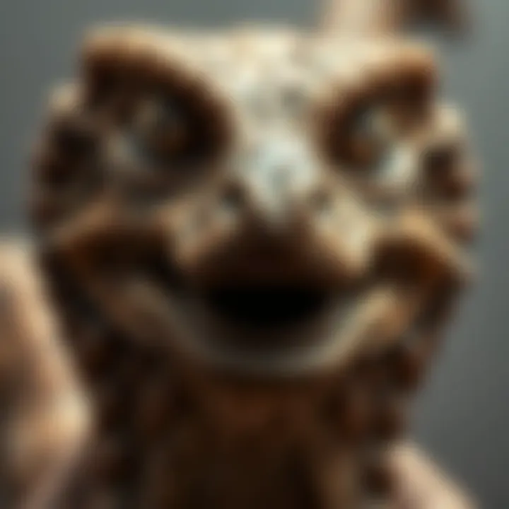 A close-up of a 7,000-year-old Ubaid figurine showing reptilian features, highlighting its unique design and textures.
