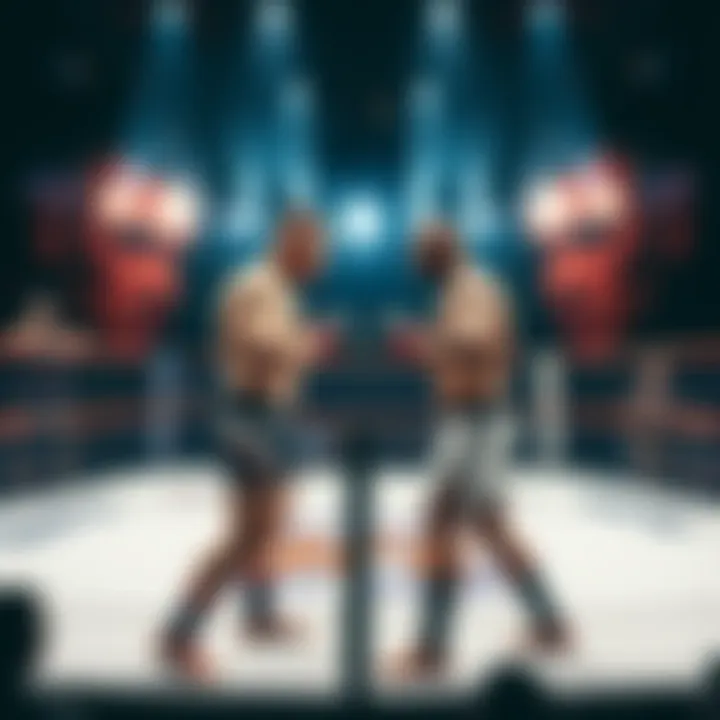 Two UFC fighters face off in the octagon, surrounded by fans and spectators, symbolizing the competitive nature of the sport and the discussions about conspiracies.