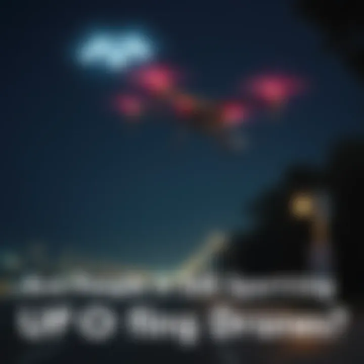 A UFO drone spotted in the night sky above New Jersey, with glowing lights and a dark backdrop, as locals observe with curiosity.