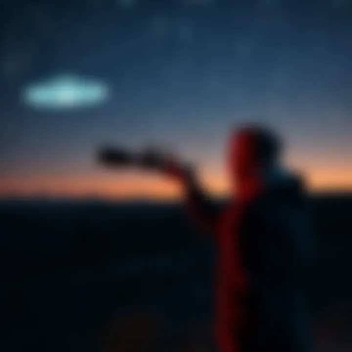 UFO Enthusiast Looking at the Sky A person with a telescope gazing at the night sky, reflecting on past UFO sightings