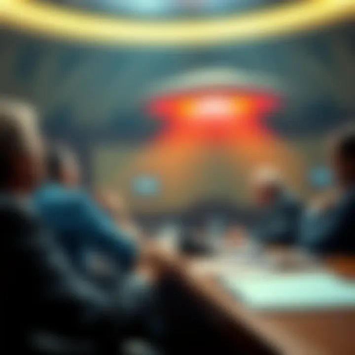 Scene from the UFO hearing showing witnesses discussing their experiences with unidentified flying objects.
