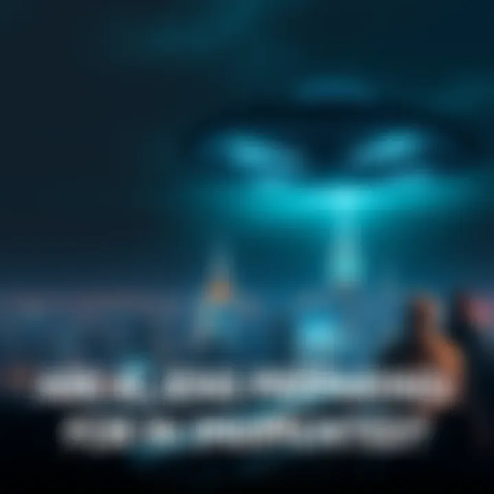 A UFO is seen hovering above a city skyline at night, with lights glowing and people looking up in awe.