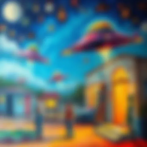 A colorful painting featuring UFOs and alien figures, showcasing the artist's fascination with outer space, set in a vibrant community setting.