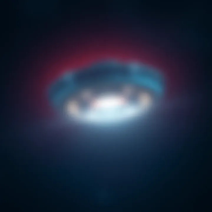 UFO displaying lights in the night sky A bright UFO with visible lights soaring through a starry night sky
