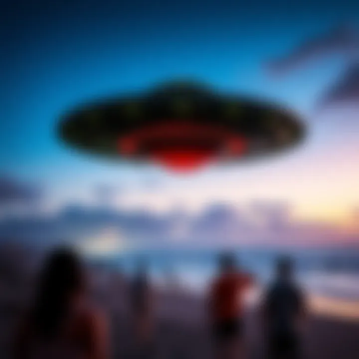 A UFO hovering above Malibu beach with the ocean in the foreground and people looking up in curiosity.