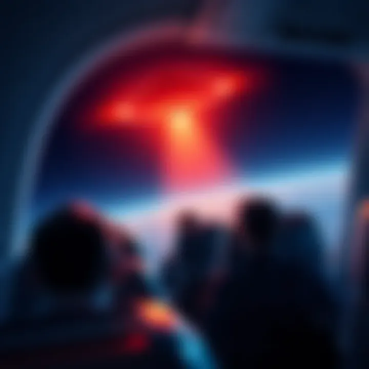 Passengers on a plane look out the window at a strange object in the sky