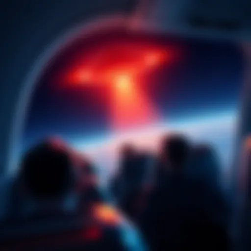 UFO Sighting from Airplane Passengers on a plane look out the window at a strange object in the sky