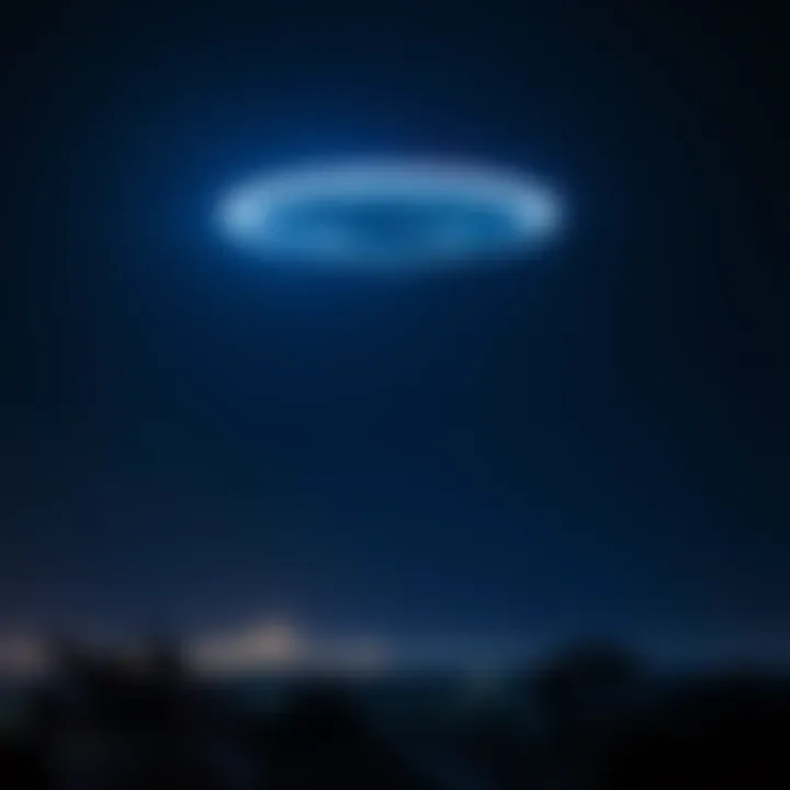 A bright UFO hovering in the night sky above a dark East Coast landscape, capturing the attention of onlookers below.