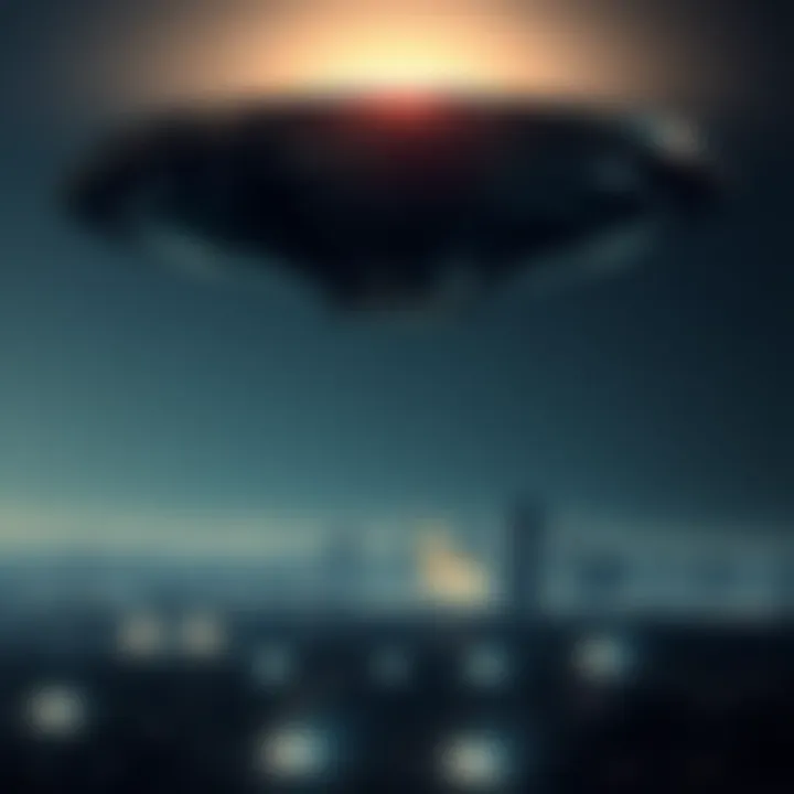 A depiction of a bright UFO object hovering over the skyline of Los Angeles during a night in 1942, with military searchlights aimed at it.