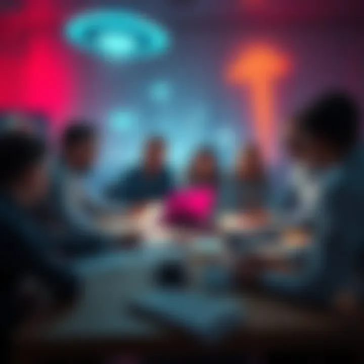 UFO Speculation Group of people discussing UFOs with excitement and curiosity as they gather around a table covered in papers and laptops, waiting for news from the DoW.