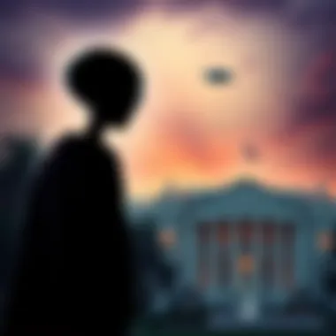 UFO Whistleblower Allegation A silhouette of an alien figure with a background of a government building, symbolizing the claim of hidden alien bodies by Trump.