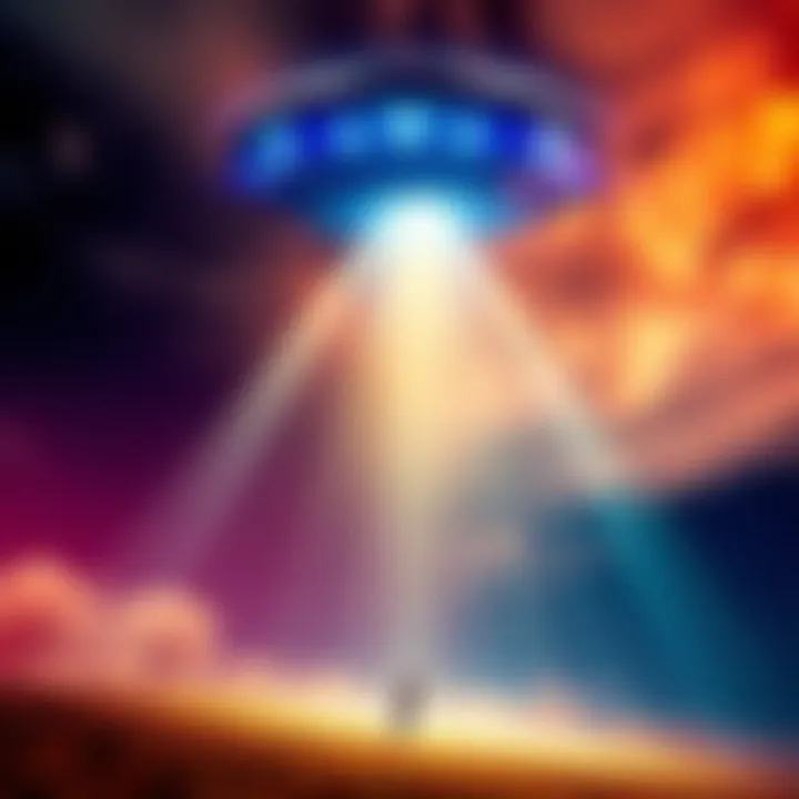 UFO Abduction Beam A bright beam of light shines down from a UFO, illuminating a person below, who appears to be entranced and lifted off the ground.