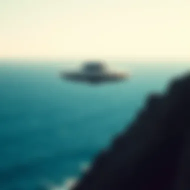A UFO hovers over the ocean, with a clear sky above, showing its transition from water to air.