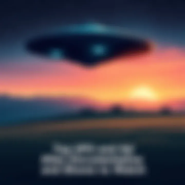 An illustration featuring a UFO hovering over a rural landscape with stars and a glowing night sky in the background.