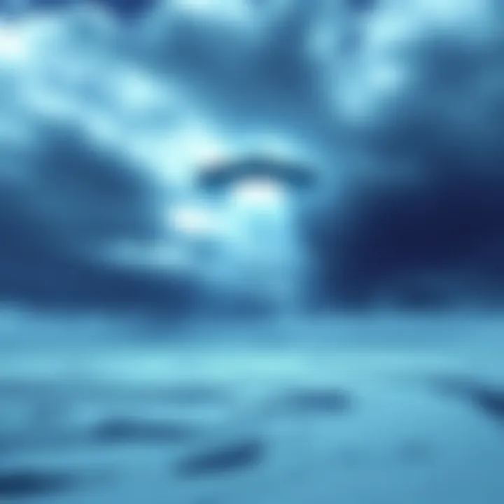 A UFO hovering over the icy landscape of Antarctica, with dark clouds and snow-covered mountains in the background.