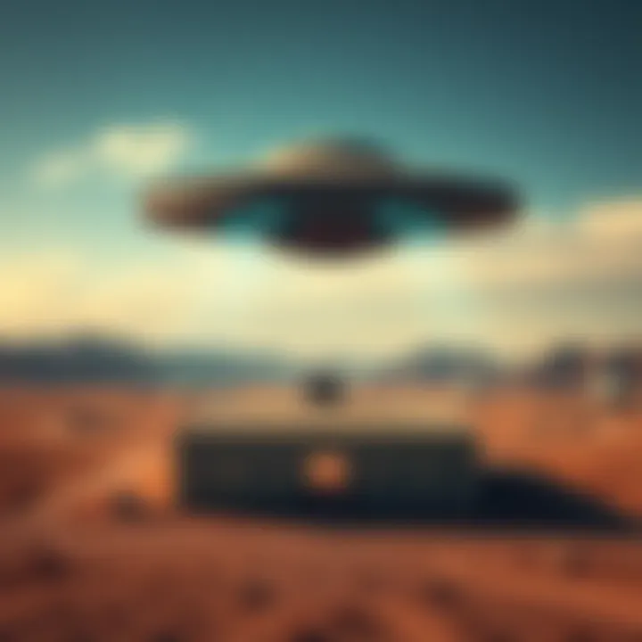 A UFO hovering above a hangar at Area 51, surrounded by desert landscape.