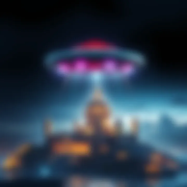 A UFO hovers above a mythical representation of Atlantis with glowing lights and ancient architecture