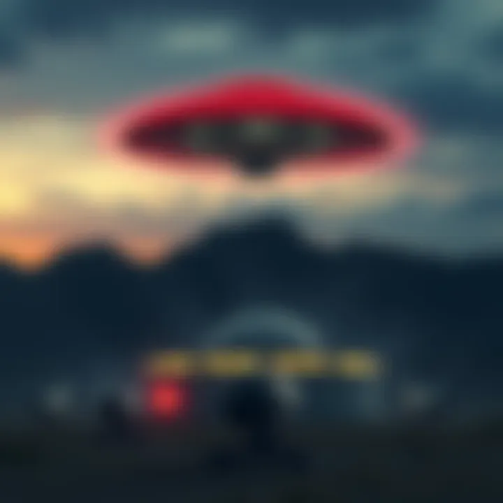 A UFO hovering over a military base with atomic weapons in the foreground, symbolizing a connection to power and secrecy.