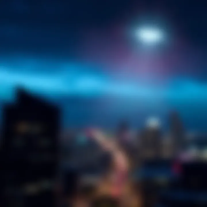 A bright, unidentified flying object glowing in the night sky over Austin, Texas, with city lights below.