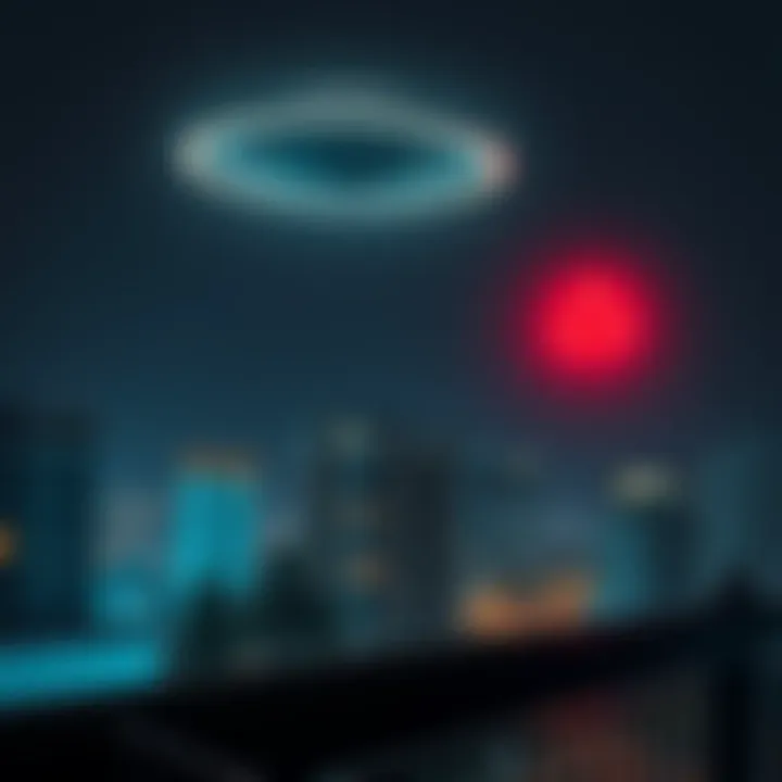 A disc-shaped and a triangular UFO glowing in the night sky above Bishkek, seen from a balcony