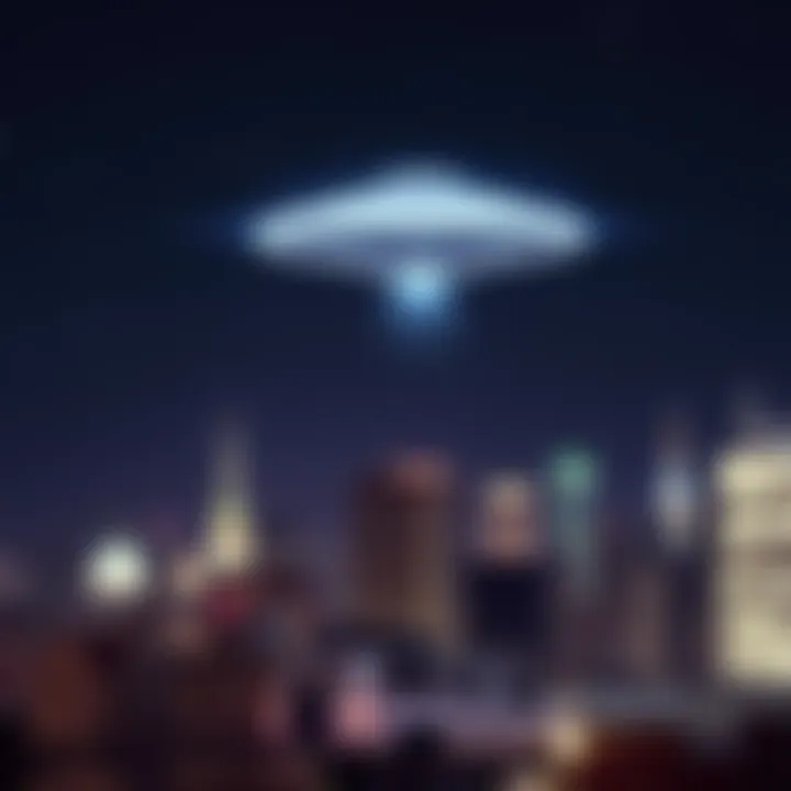 A bright unidentified flying object hovering over the Brooklyn skyline at night with a backdrop of stars