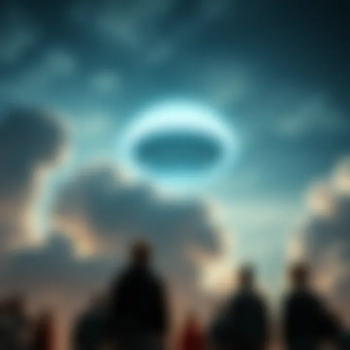 A glowing spherical object hovering in a cloudy sky, viewed from below, with people looking up in awe.